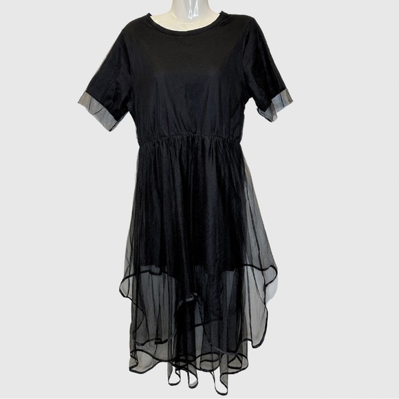 HSTYLE | Black Short Sleeve Layered Tulle Dress - Picture 1 of 10